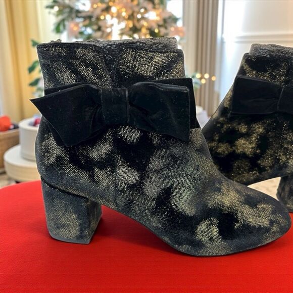 Leather Kate Spade Langley black/gold suede tie ankle boots 7.5M holiday shoes